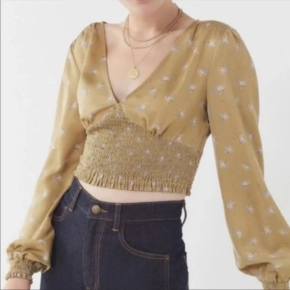Urban Outfitters Mustard Floral Smocked V‑Neck Crop Top